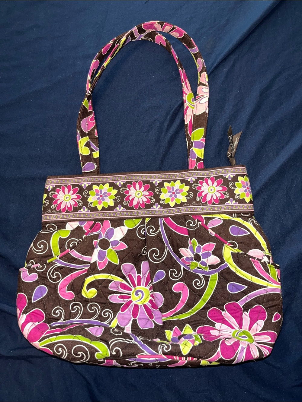 Vera Bradley Brown Floral Quilted Shoulder Bag with Pink and Lime Accents